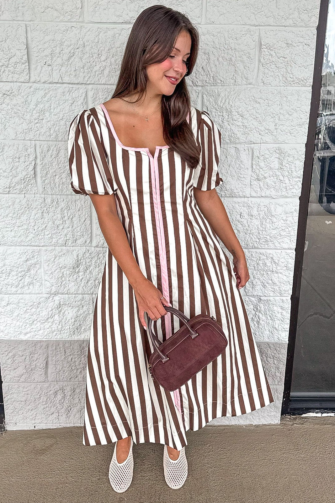 brown and cream vertical stripes with light pink trim gathered waist puff sleeve midi dress