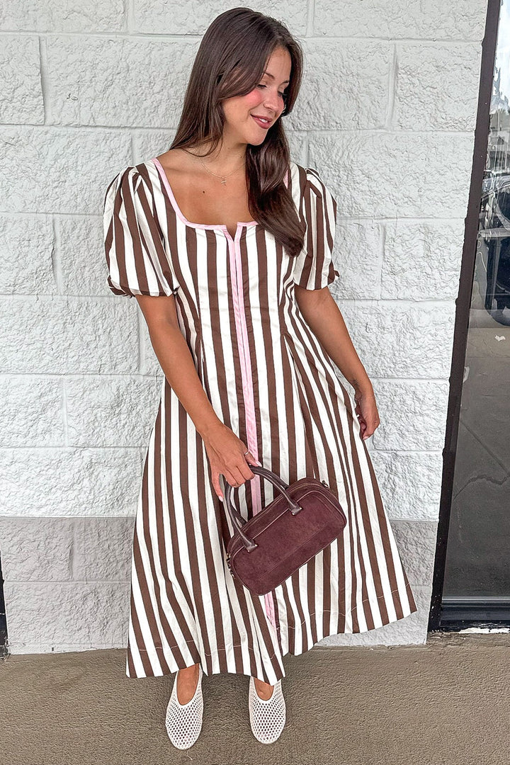 brown and cream vertical stripes with light pink trim gathered waist puff sleeve midi dress