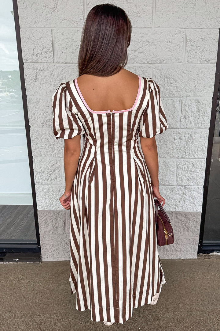 brown and cream vertical stripes with light pink trim puff sleeve cotton midi dress