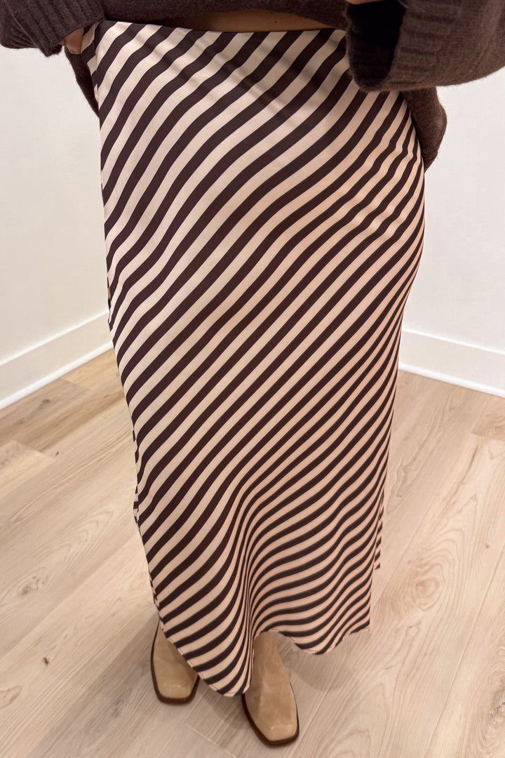 brown and cream asymmetrical diagonal striped lightweight satin midi skirt with inner elastic waistband