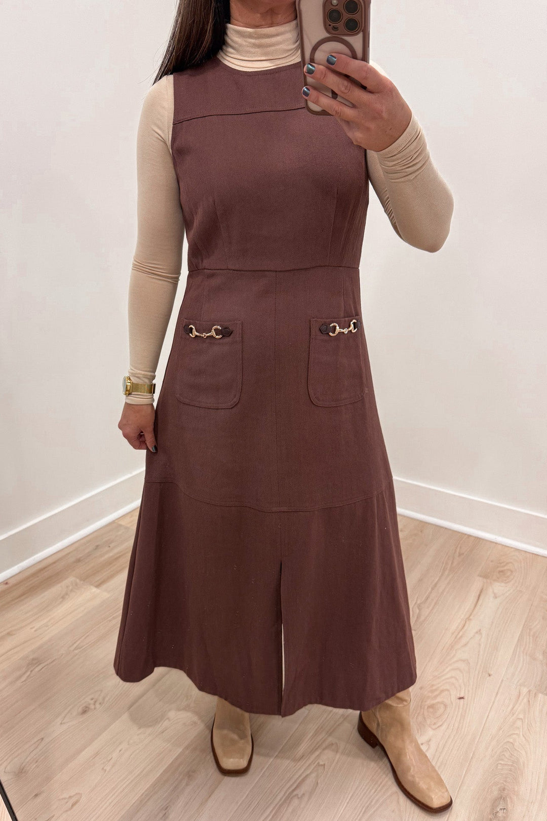 solid brown denim with gold hardware accent details crew neckline sleeveless midi dress