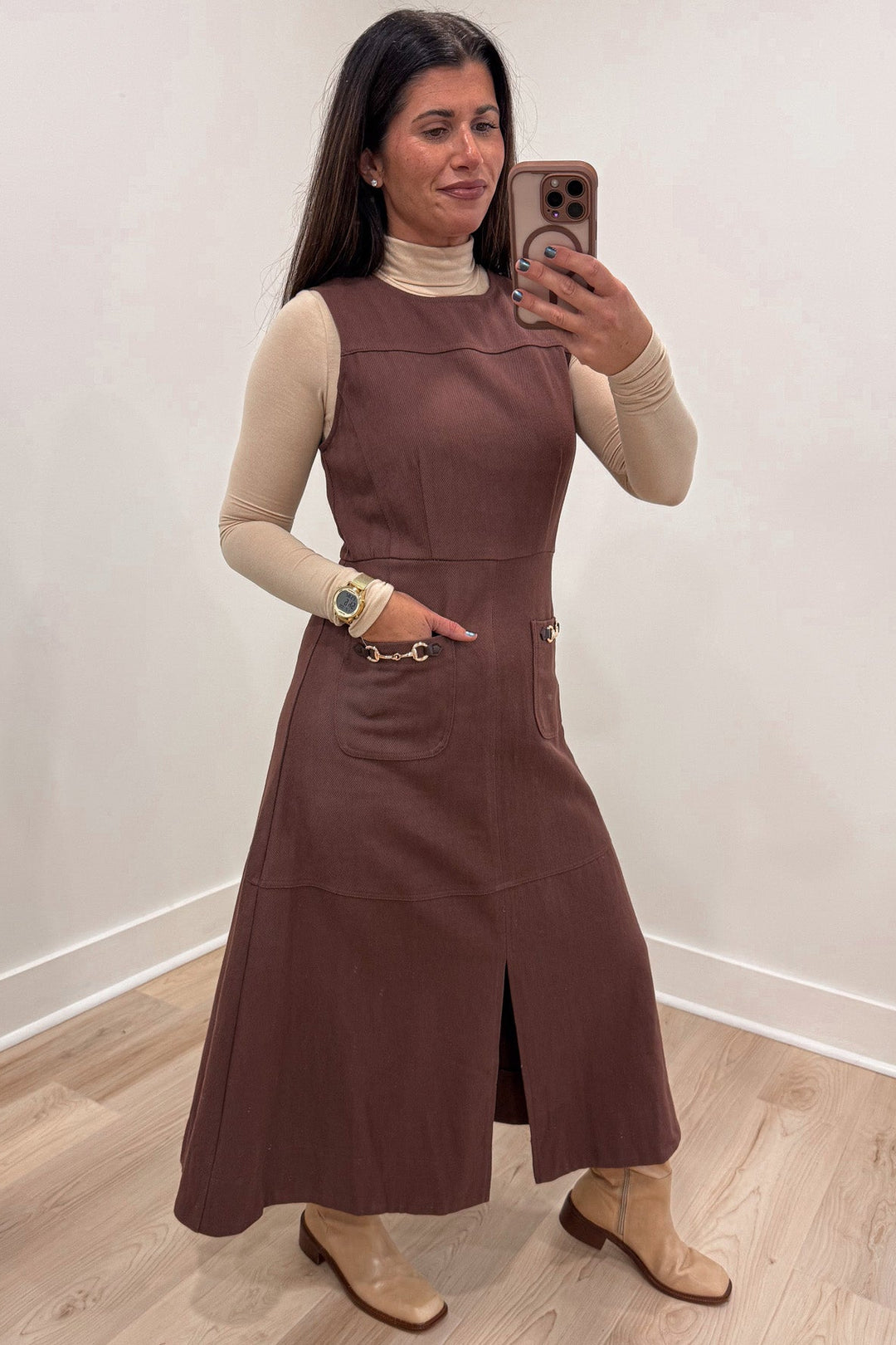 solid brown denim with gold hardware accent details sleeveless midi dress with front hem slit