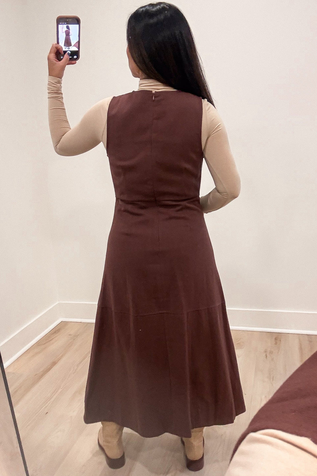 solid brown denim with gold hardware accent details sleeveless midi dress with back zipper closure