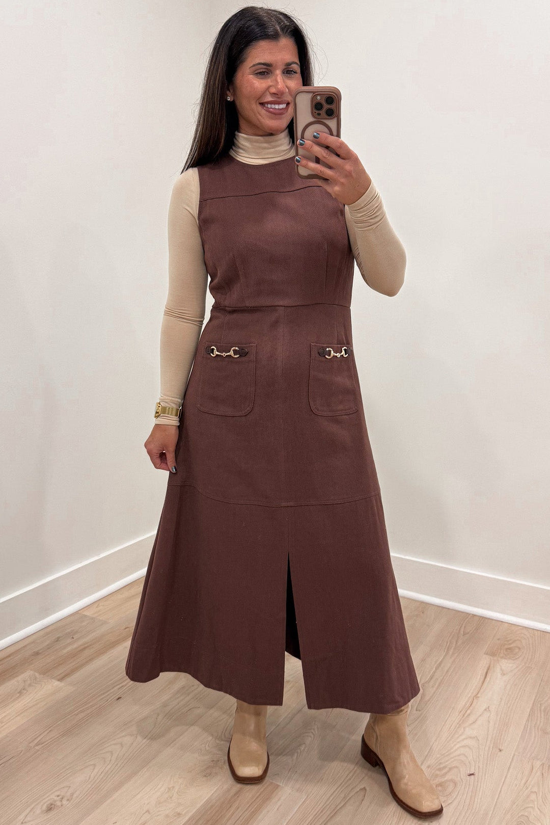 solid brown denim with gold hardware accent details sleeveless midi dress