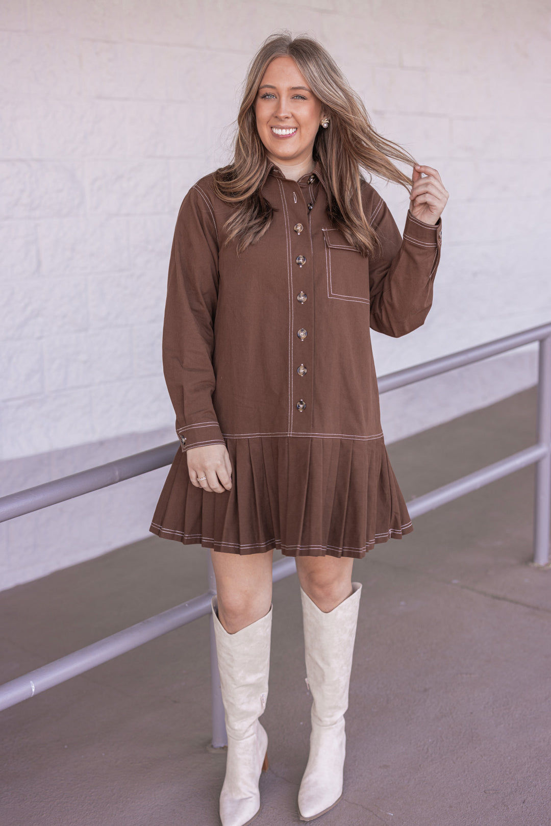 Women's brown denim twill button front dress with cream stitching trim by Entro, perfect for church