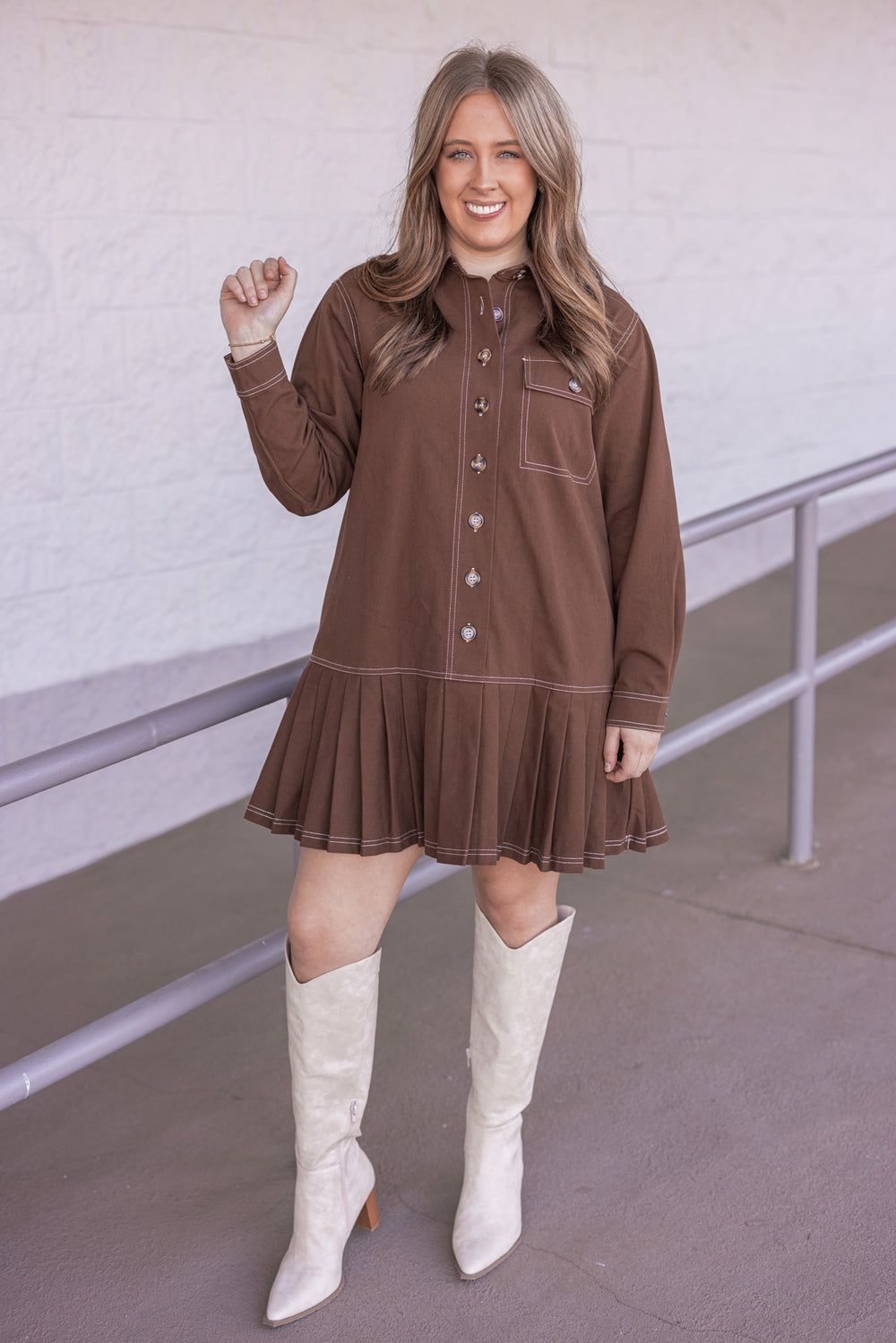 Women's brown denim twill button front dress with cream stitching trim by Entro showing full front view