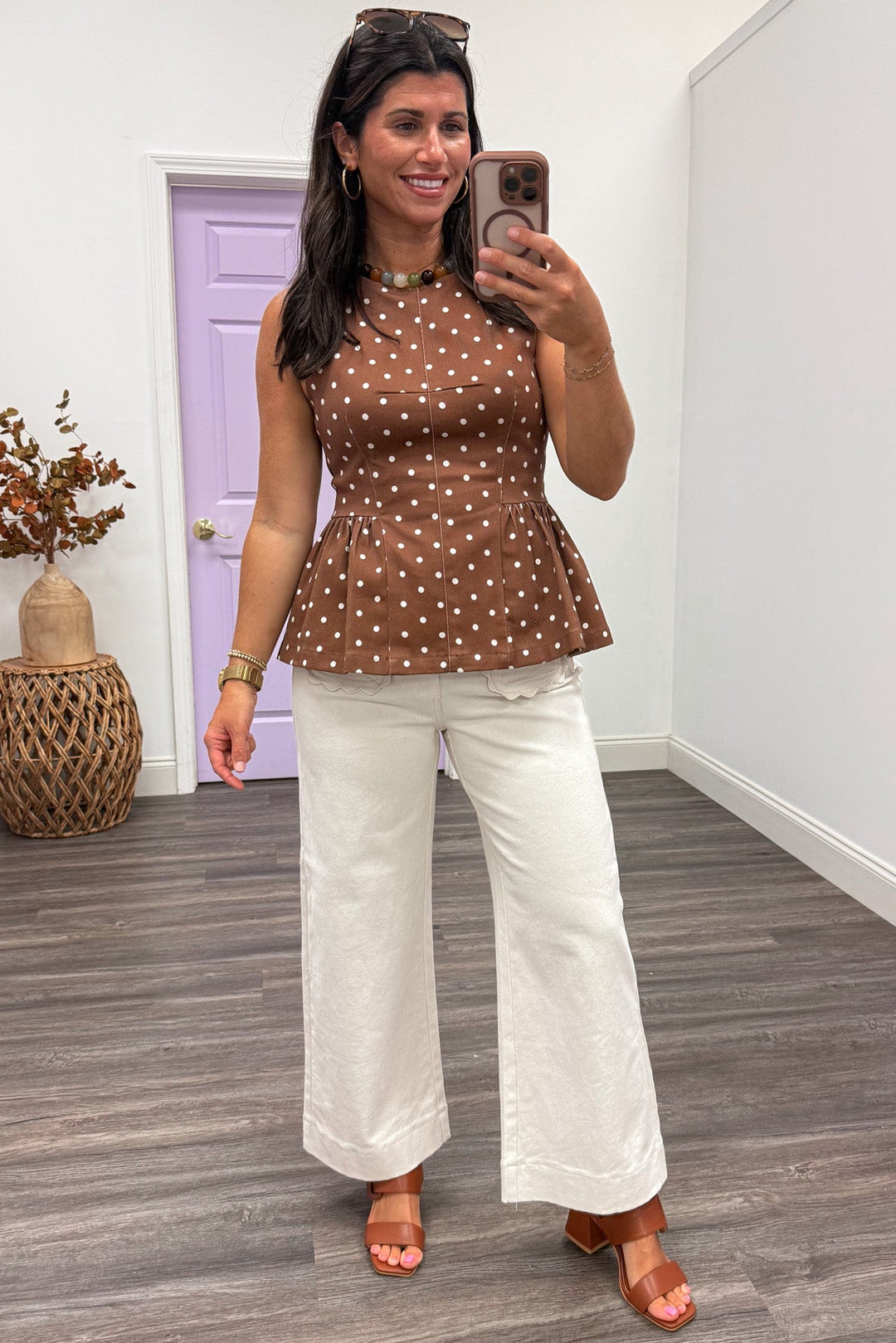brown with ecru polka dot print crew neckline sleeveless semi-cropped denim top