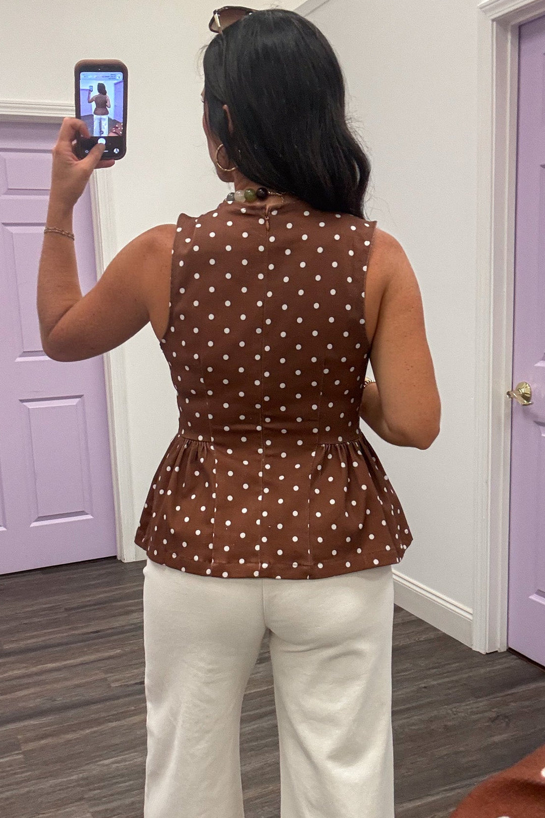 brown with ecru polka dot print sleeveless semi-cropped denim top with back zipper closure