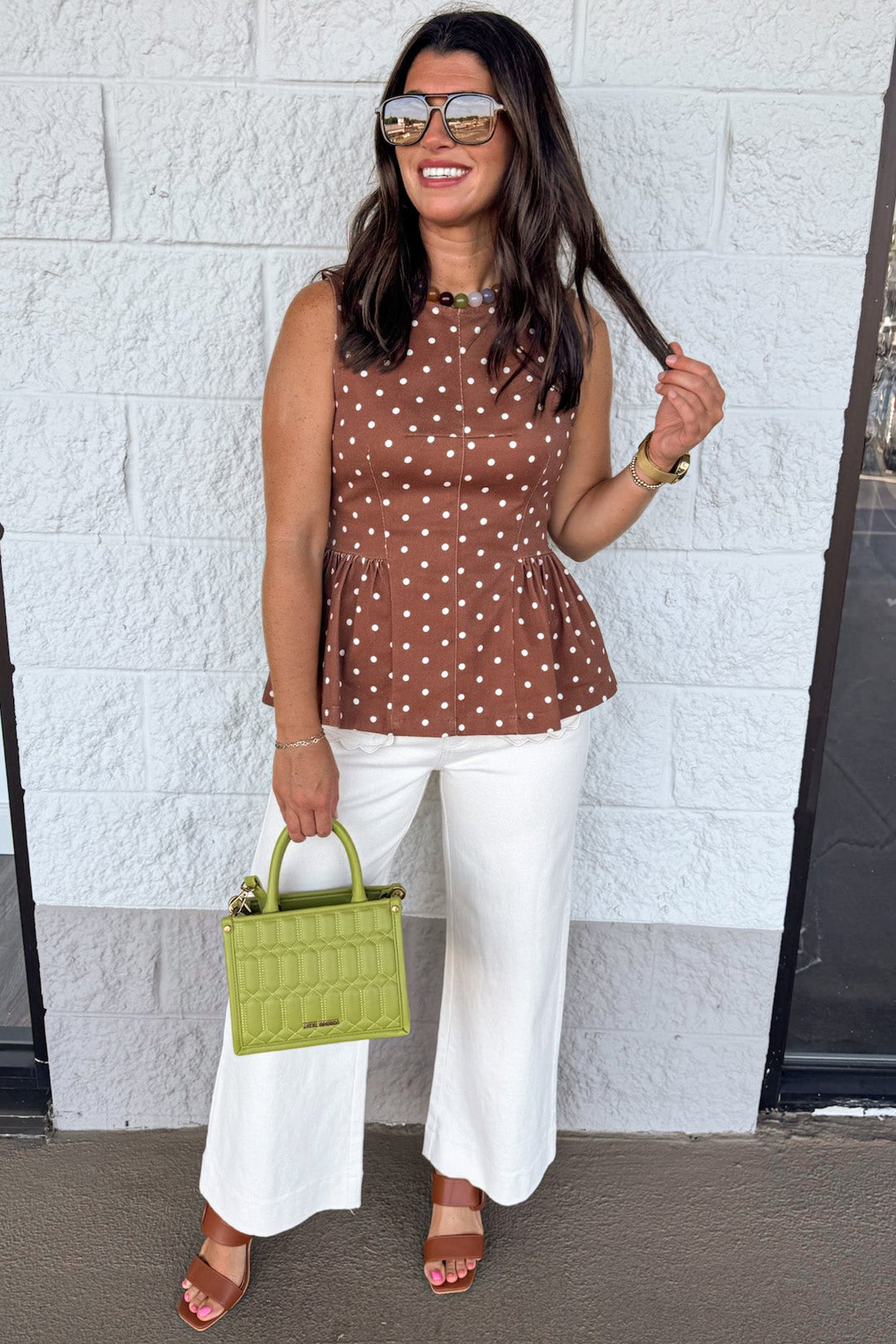 brown with ecru polka dot print sleeveless semi-cropped lightweight twill denim top