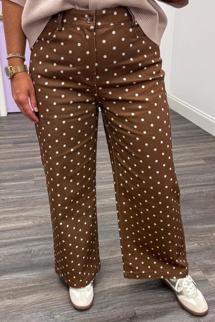brown with ecru polka dot print wide leg lightweight twill denim pants with button zipper closure