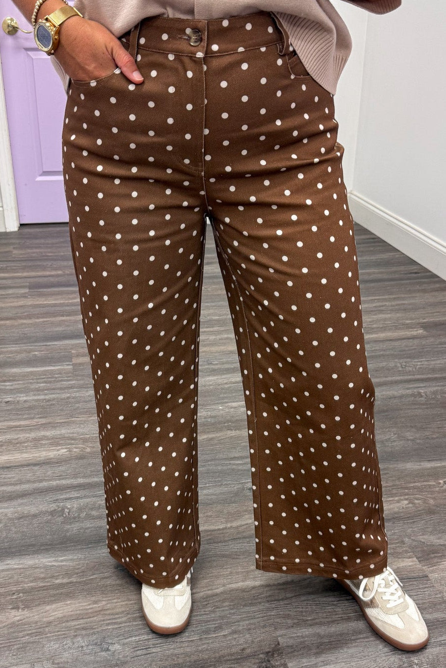 brown with ecru polka dot print wide leg lightweight twill denim pants with front pockets