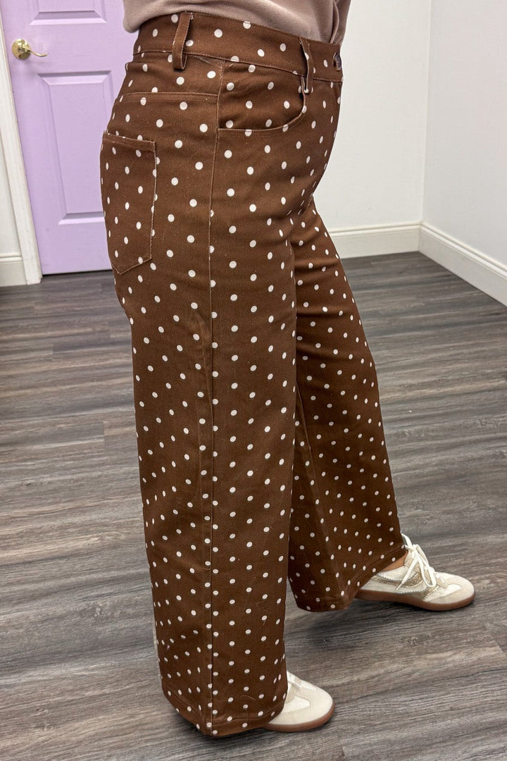 brown with ecru polka dot print wide leg lightweight twill denim pants with belt loops