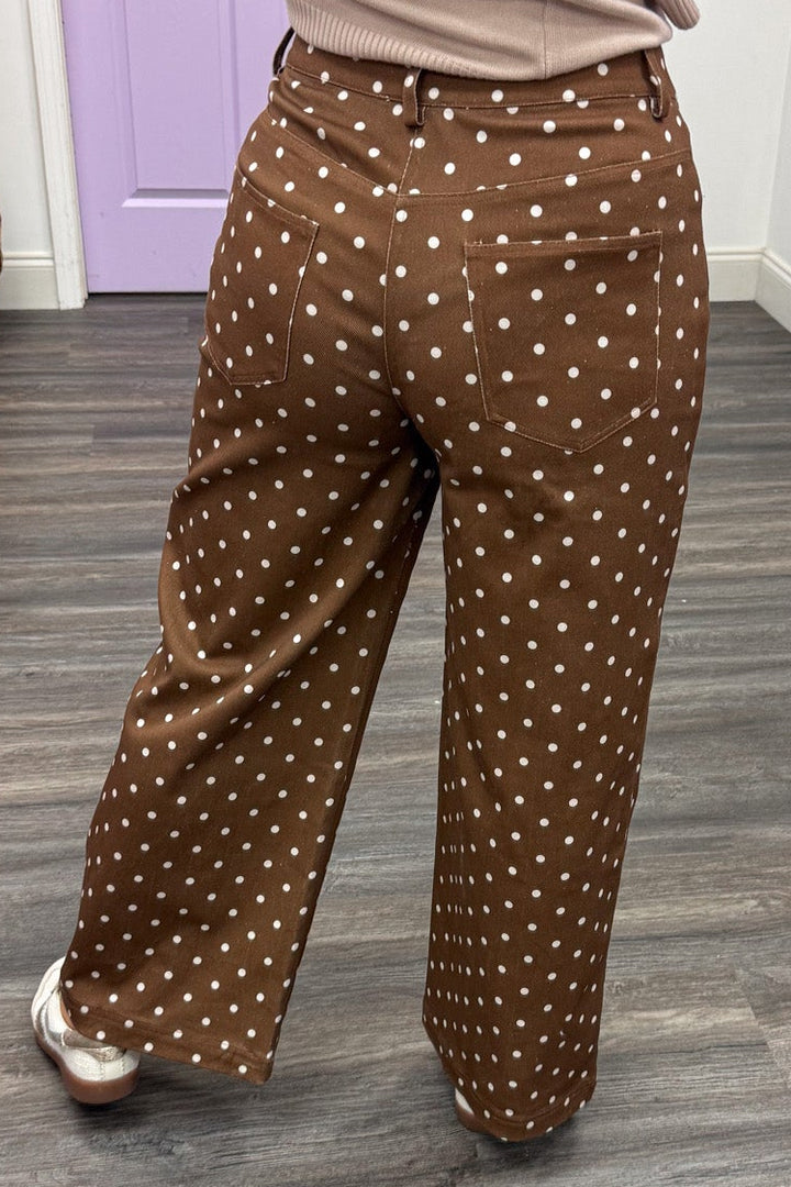 brown with ecru polka dot print wide leg lightweight twill denim pants with back pockets