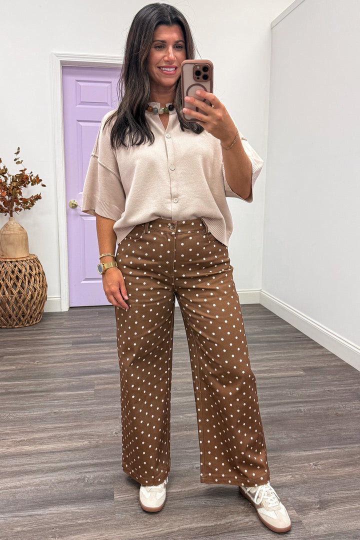 brown with ecru polka dot print wide leg lightweight twill denim pants