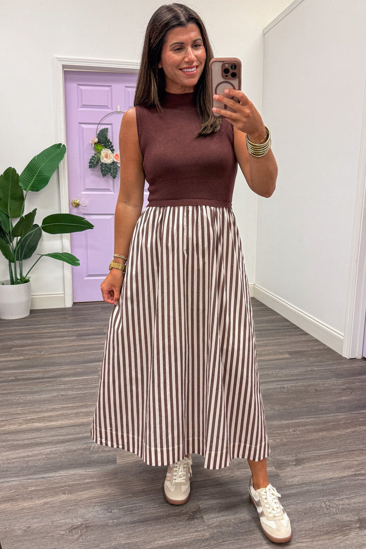 brown and ecru midi dress with sleeveless sweater top and striped woven flowy skirt