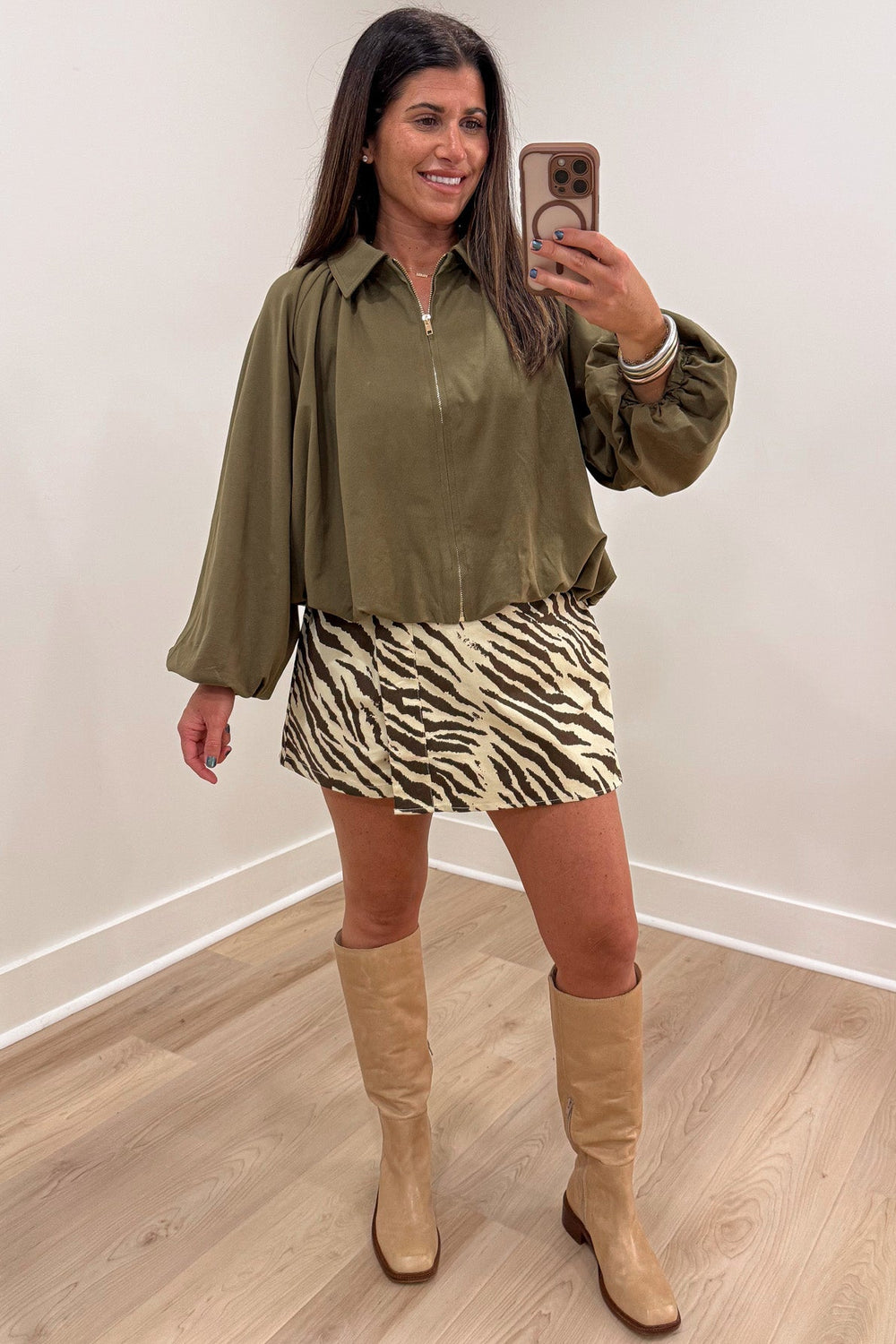 brown and ecru zebra print twill shorts with asymmetrical wrap style skirt front