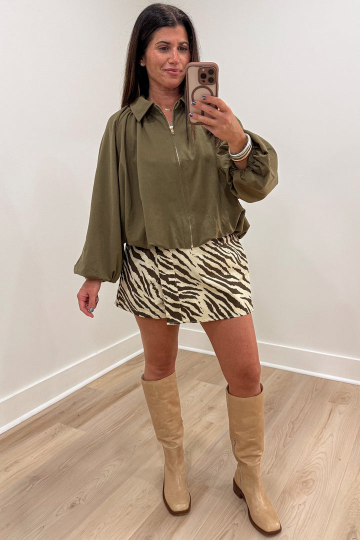 brown and ecru zebra print asymmetrical wrap style twill mini skort