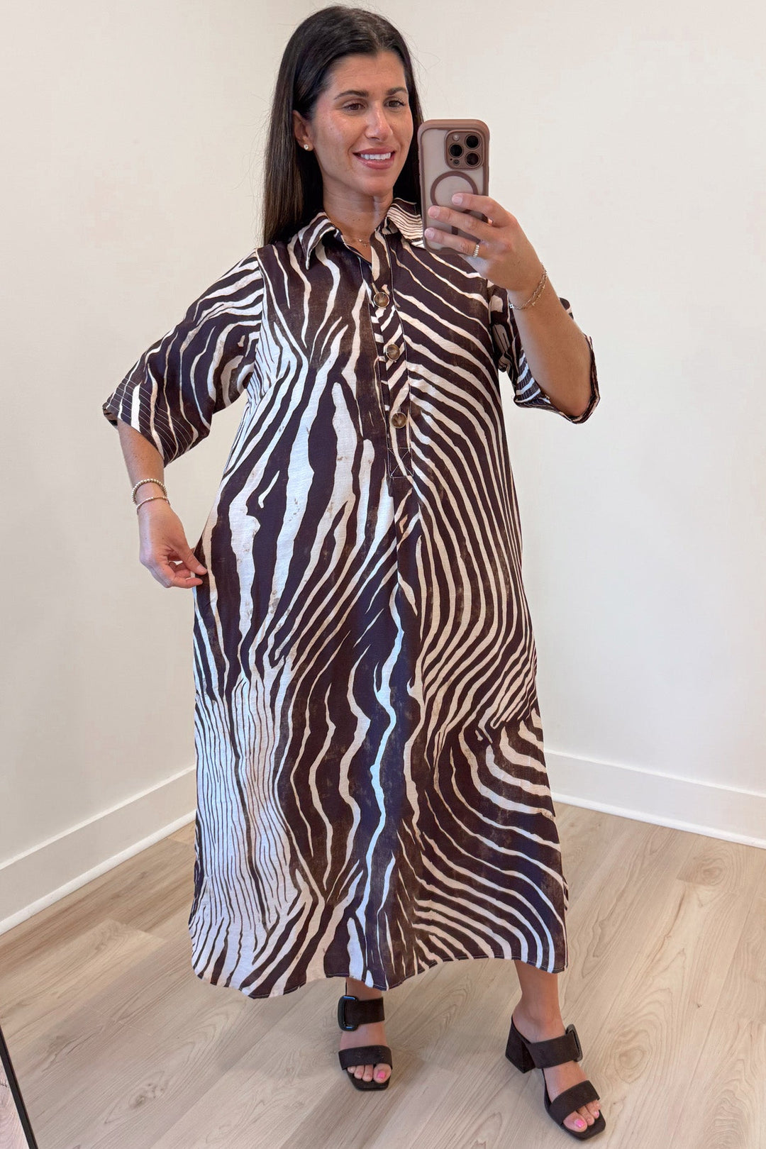 brown and ecru abstract zebra print half sleeve button front bodice relaxed silhouette midi dress