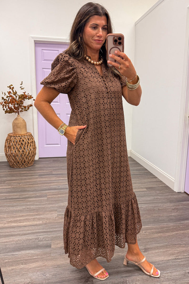 chocolate brown embroidered eyelet details short puff sleeve cotton maxi dress with side pockets