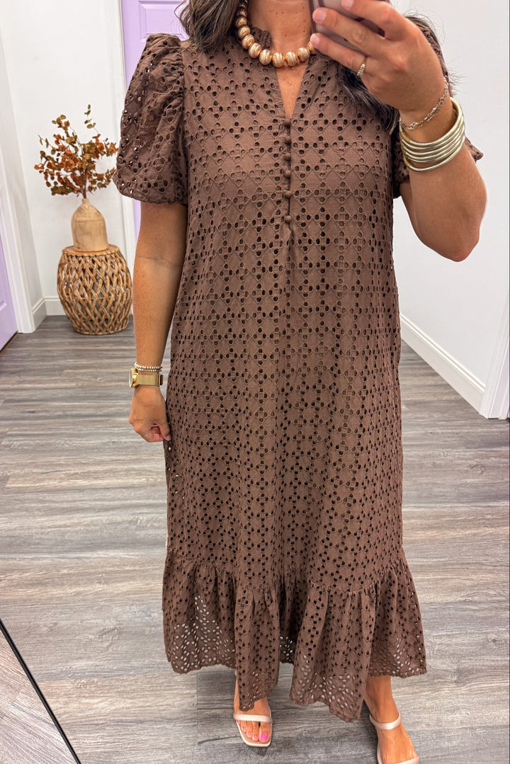 chocolate brown embroidered eyelet details short sleeve v neckline button bodice cotton maxi dress