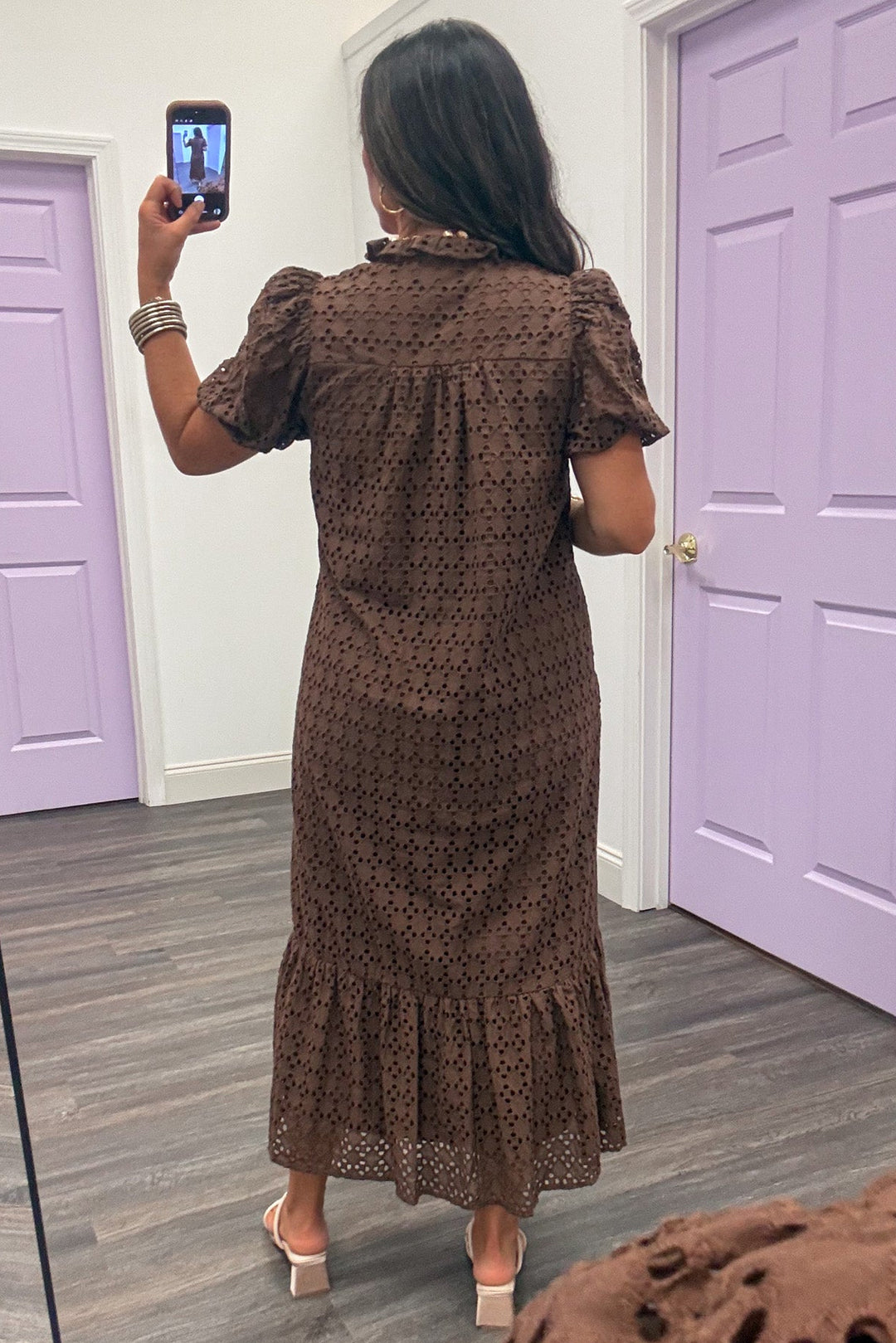chocolate brown embroidered eyelet details short sleeve ruffle hem cotton maxi dress