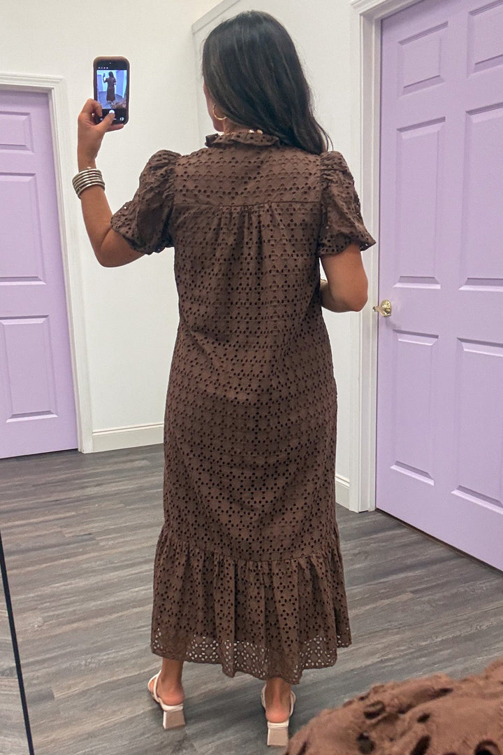 chocolate brown embroidered eyelet details short sleeve ruffle hem cotton maxi dress