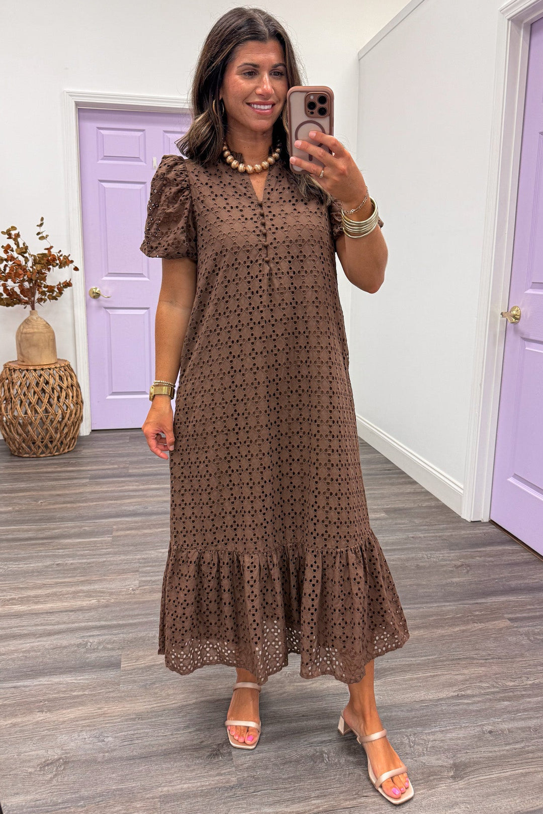 chocolate brown embroidered eyelet details short sleeve cotton maxi dress