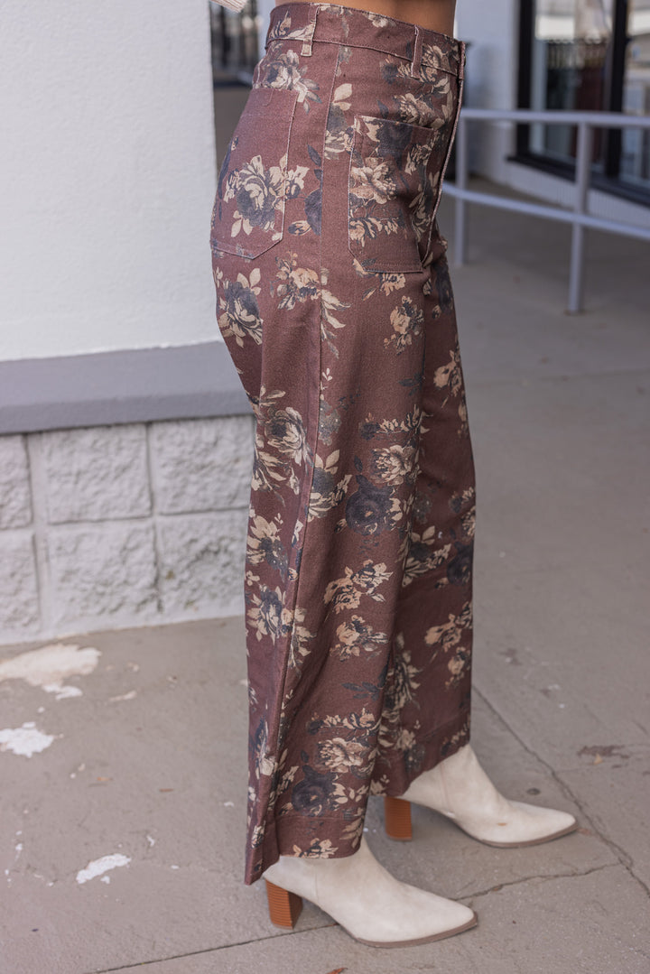 Women's brown twill floral print wide leg pants by Entro showing side view