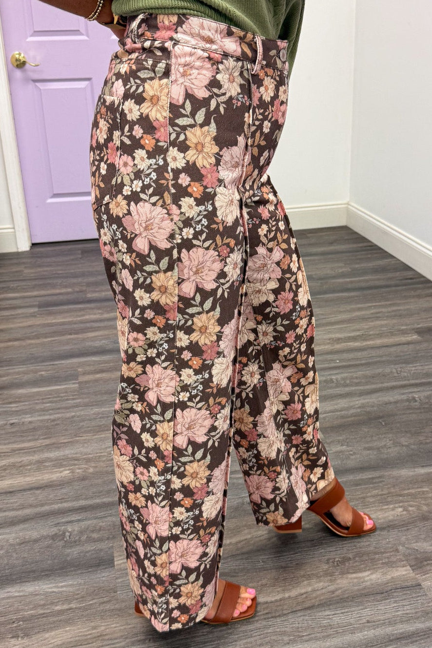 brown with pink and cream floral print wide leg denim pants with pintuck details