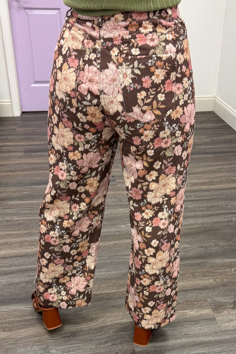 brown with multicolored floral print wide leg denim pants with pintuck details and back pockets