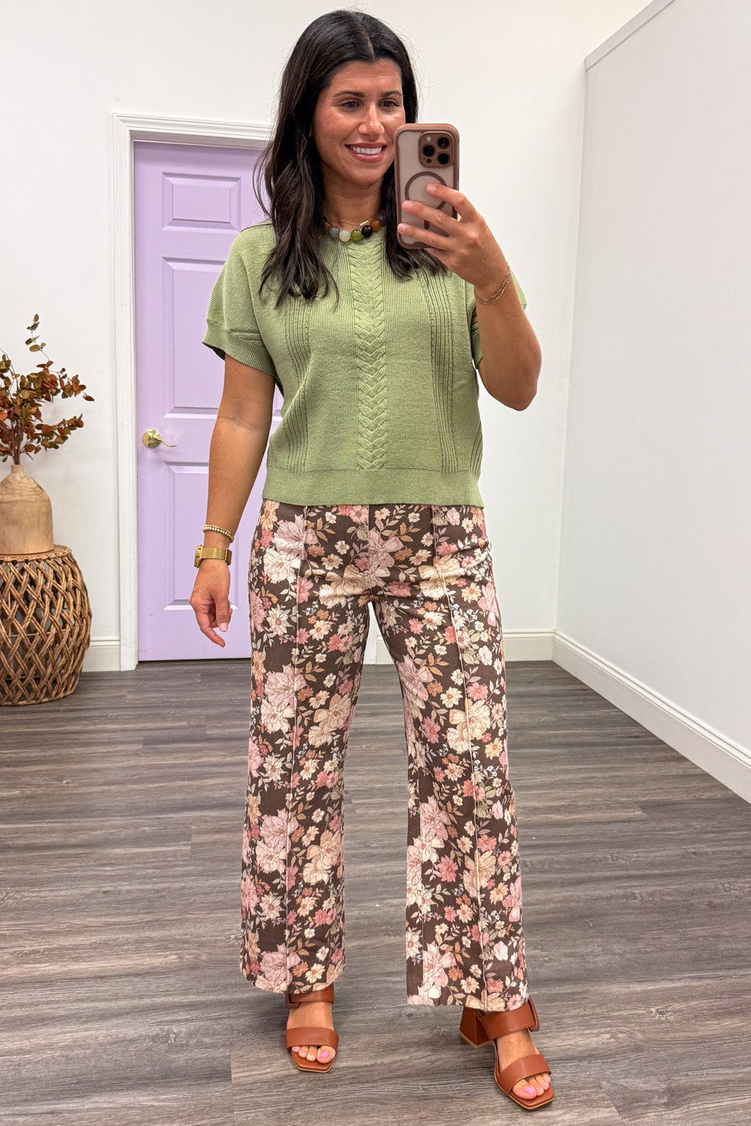 brown with multicolored floral print wide leg denim pants with pintuck details