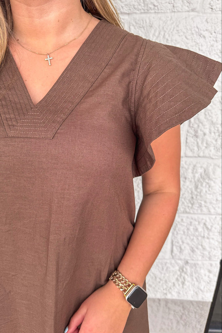 solid brown short flutter sleeve v neckline relaxed fit short dress with stitching trim details