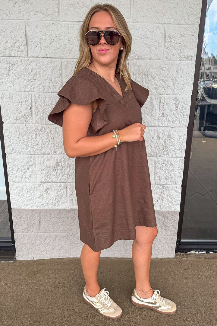 solid brown short flutter sleeve v neckline relaxed fit short dress with side pockets