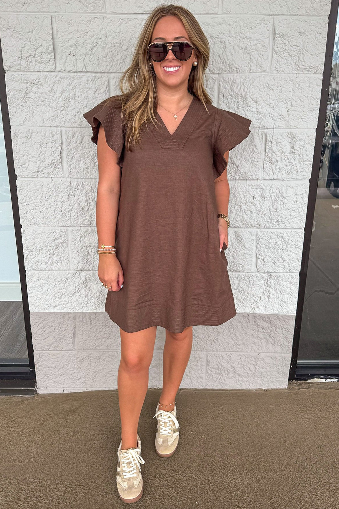 Brown Flutter Sleeve Dress With Stitching Details – Purple Door Boutique