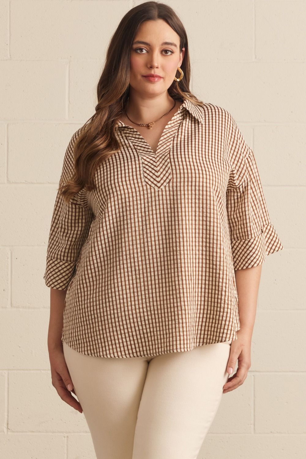 Entro brown and cream gingham checkered print top in plus size