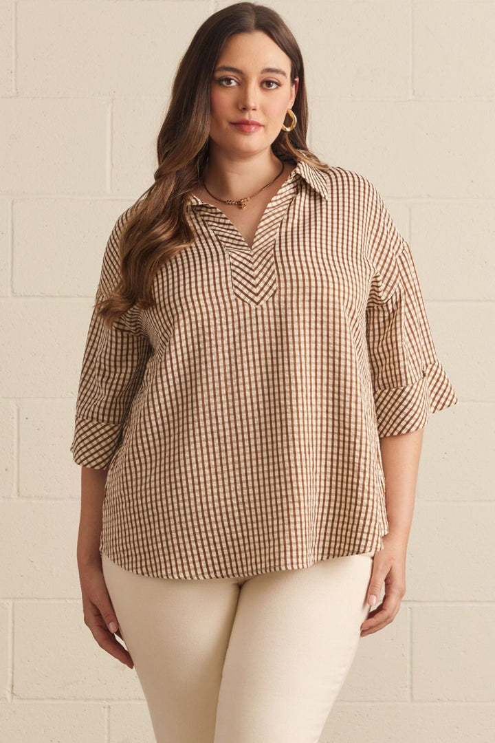 Entro brown and cream gingham checkered print top in plus size