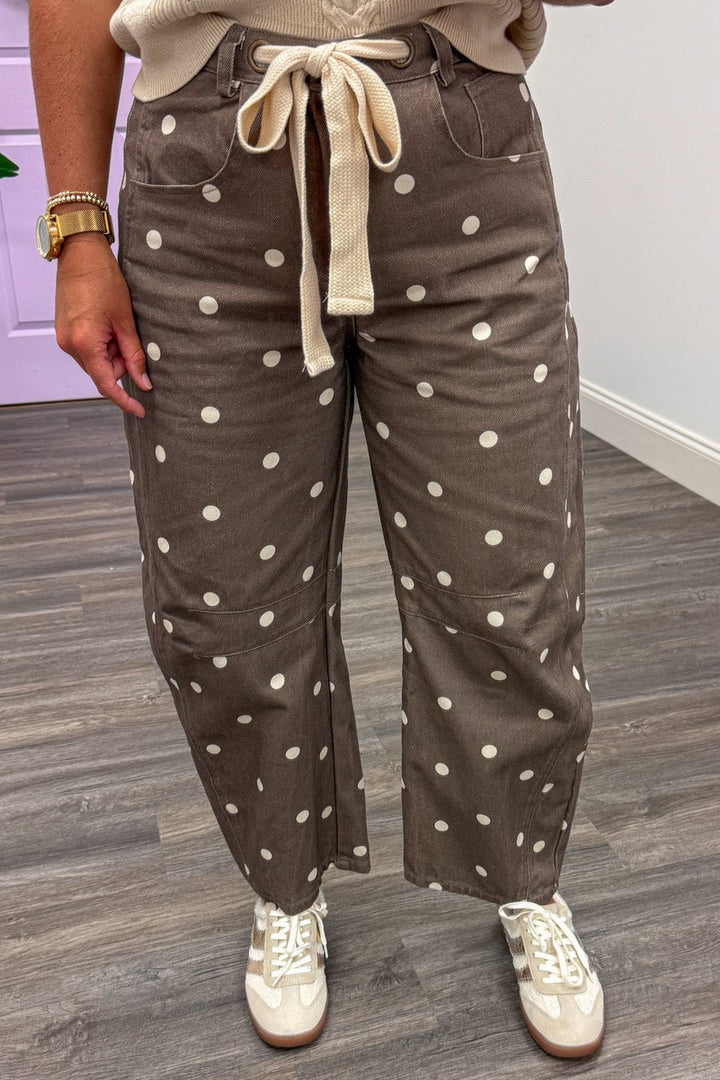 washed brown with ivory polka dot print wide barrel leg denim pants with decorative drawstring