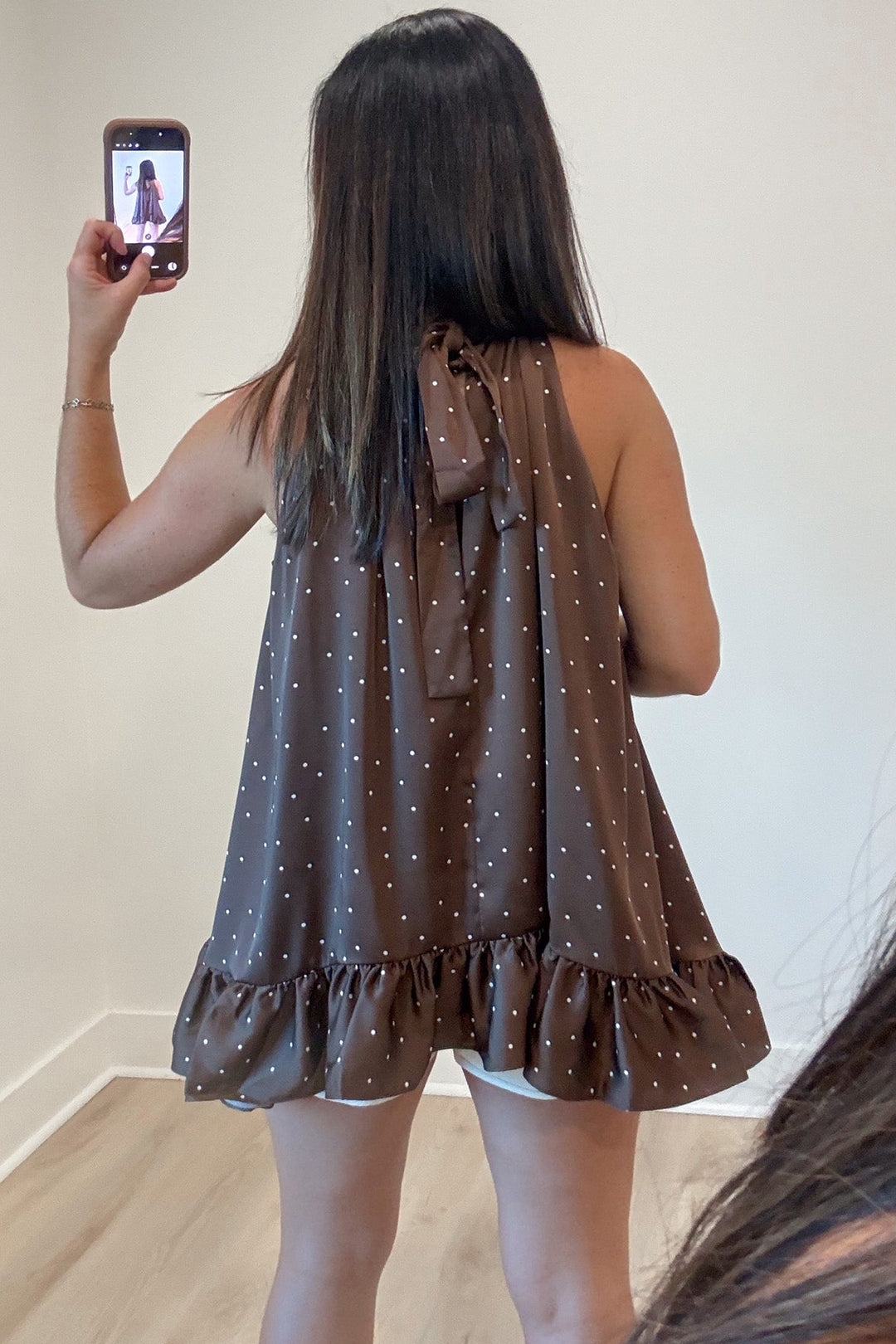 espresso brown with ivory polka dot print sleeveless shark bite hem satin halter top with keyhole open back