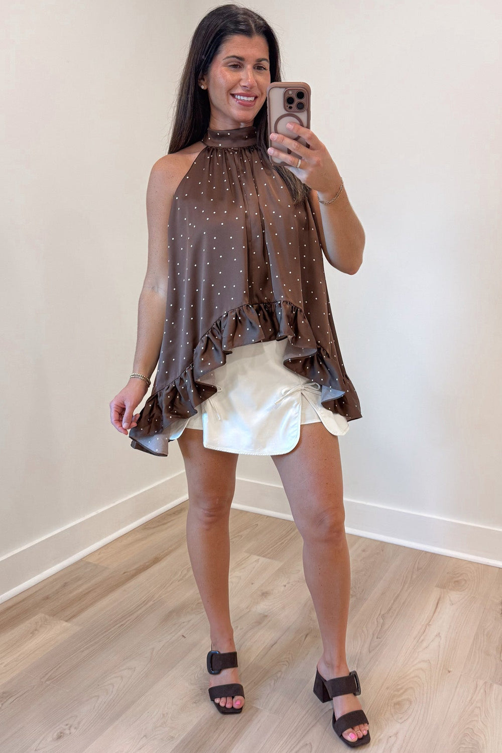 espresso brown with ivory polka dot print sleeveless ruffle trimmed shark bite hem satin halter top