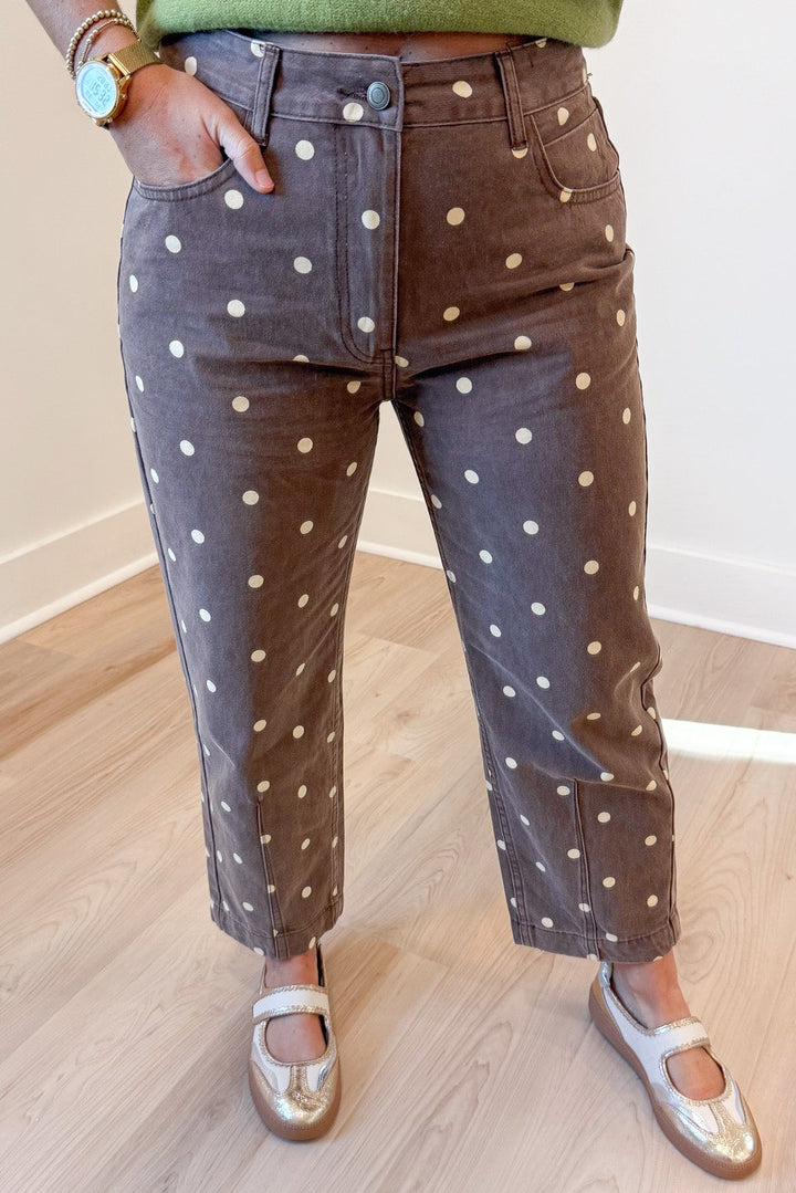 washed brown with ivory polka dot print cropped leg ankle tapered denim pants with button zipper closure