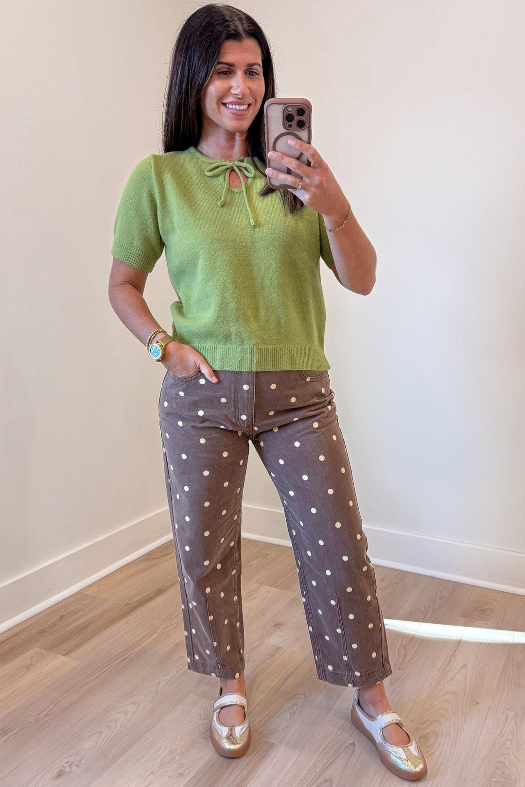 washed brown with ivory polka dot print cropped leg ankle tapered denim pants