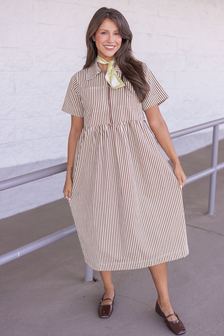 Women's chocolate and cream striped twill midi dress by Wishlist showing relaxed silouhette