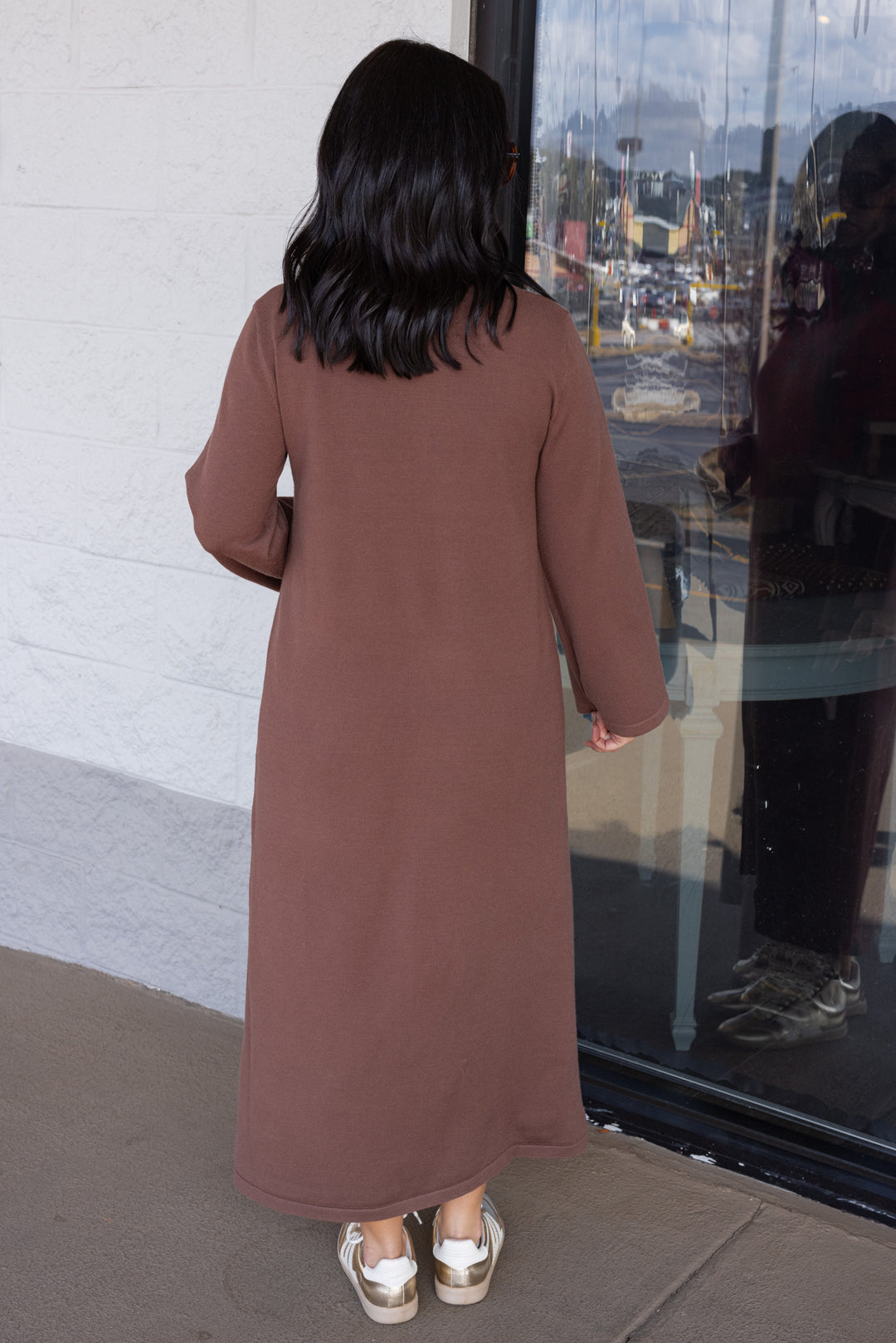 Women's coffee brown knit long sleeve midi sweater dress by Entro showing full back view