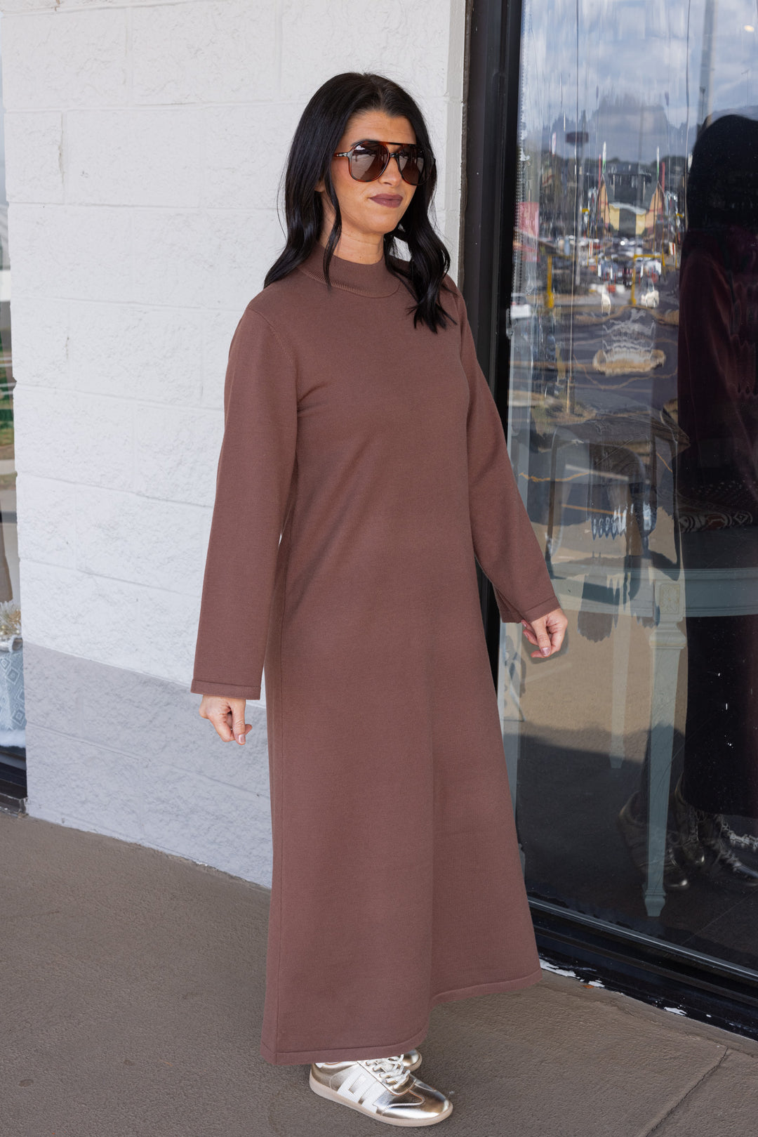 brown midi sweater dress Final Sale Plus Size Ribbed Midi Sweater Dress in Brown, Tan & Mauve