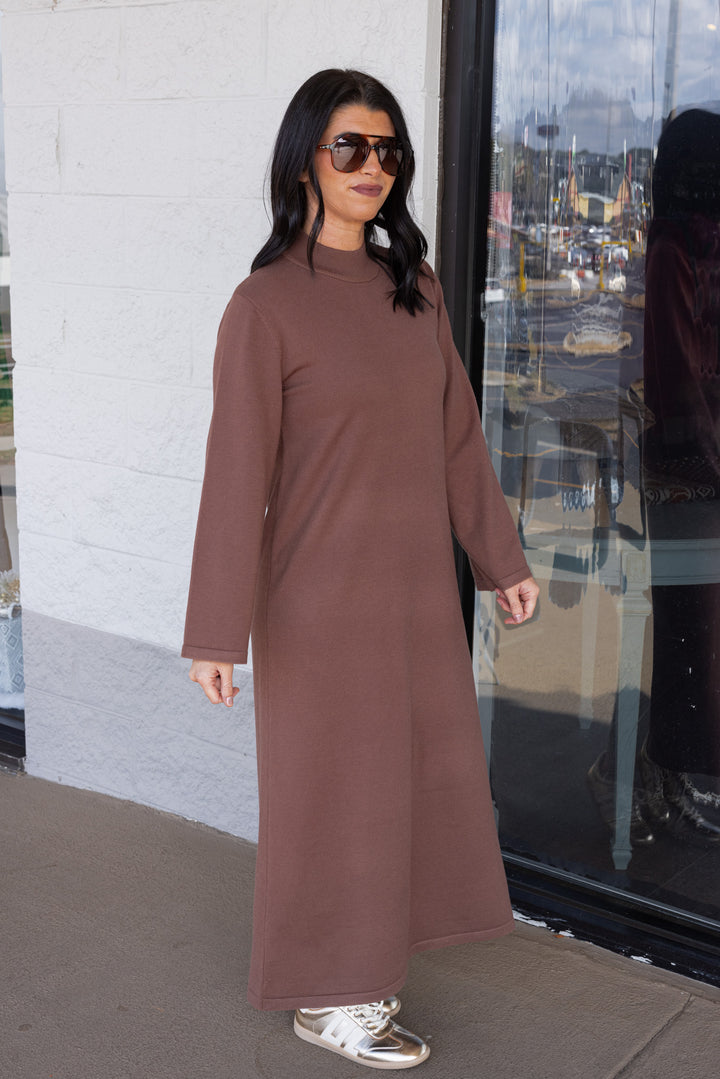 Women's coffee brown knit long sleeve midi sweater dress by Entro showing full slight side view