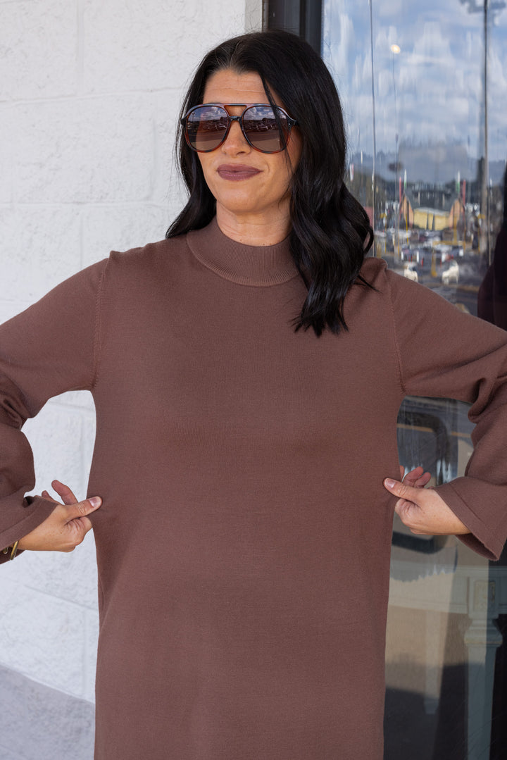 Women's coffee brown knit long sleeve midi sweater dress by Entro showing true to size fit