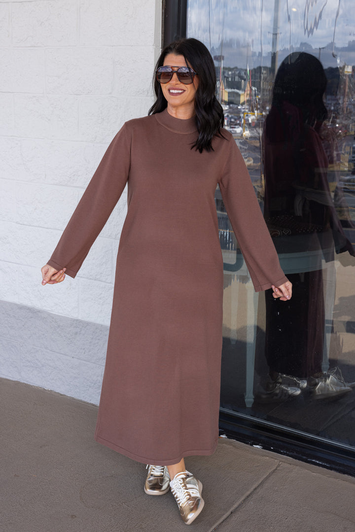 Women's coffee brown knit long sleeve midi sweater dress by Entro showing full front view