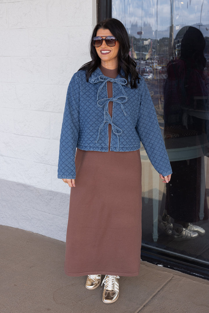 Women's coffee brown knit long sleeve midi sweater dress by Entro, perfect for church 