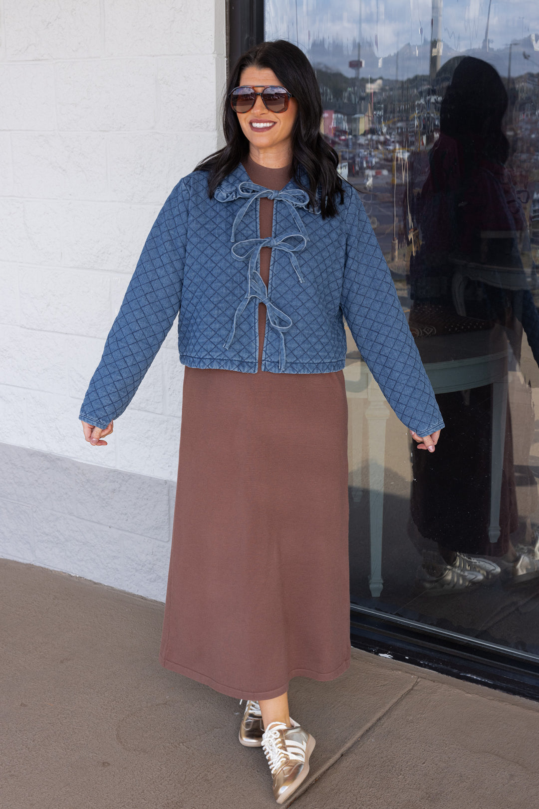 Women's coffee brown knit long sleeve midi sweater dress by Entro