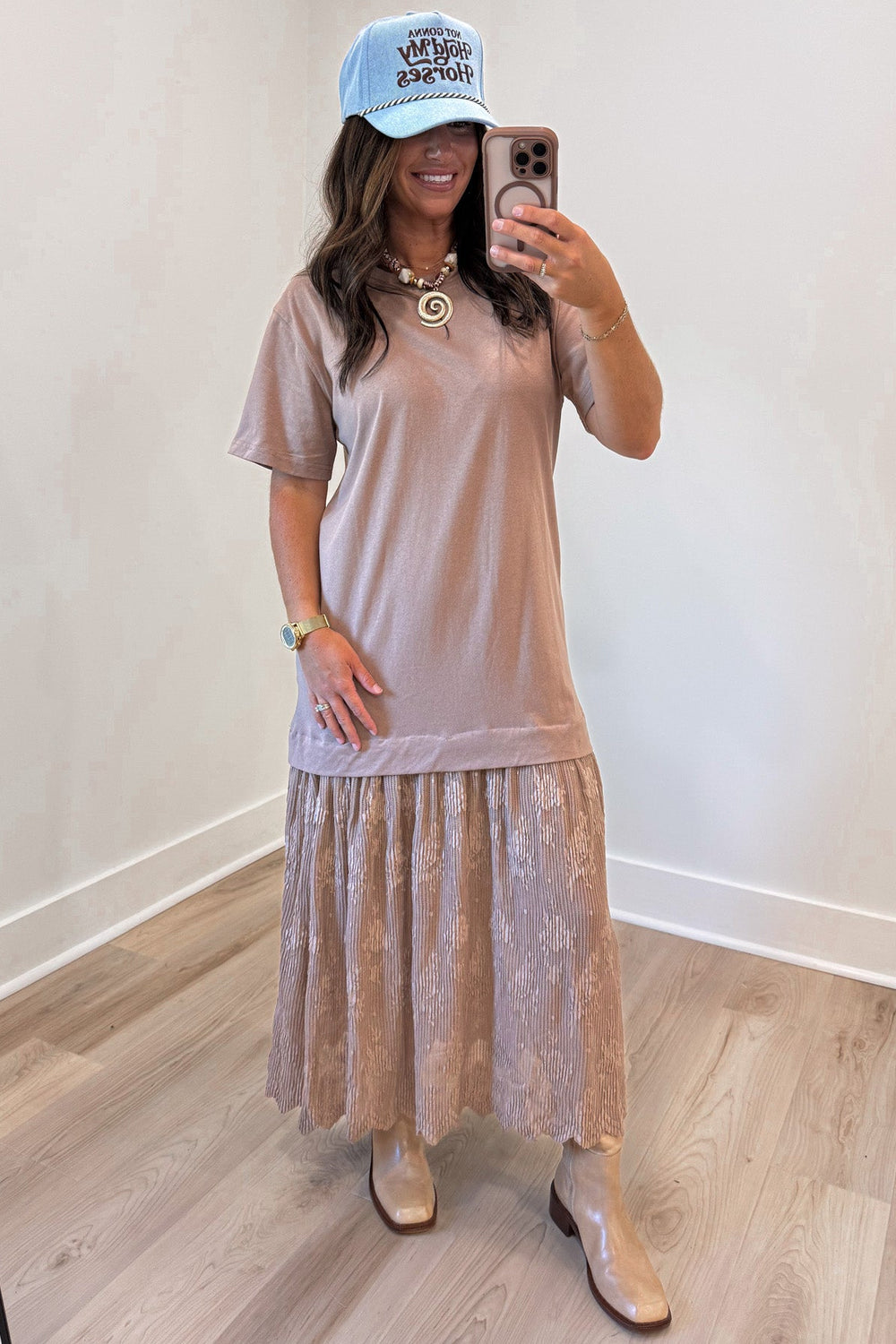 solid light brown lace trimmed bottom short sleeve relaxed fit t-shirt midi dress